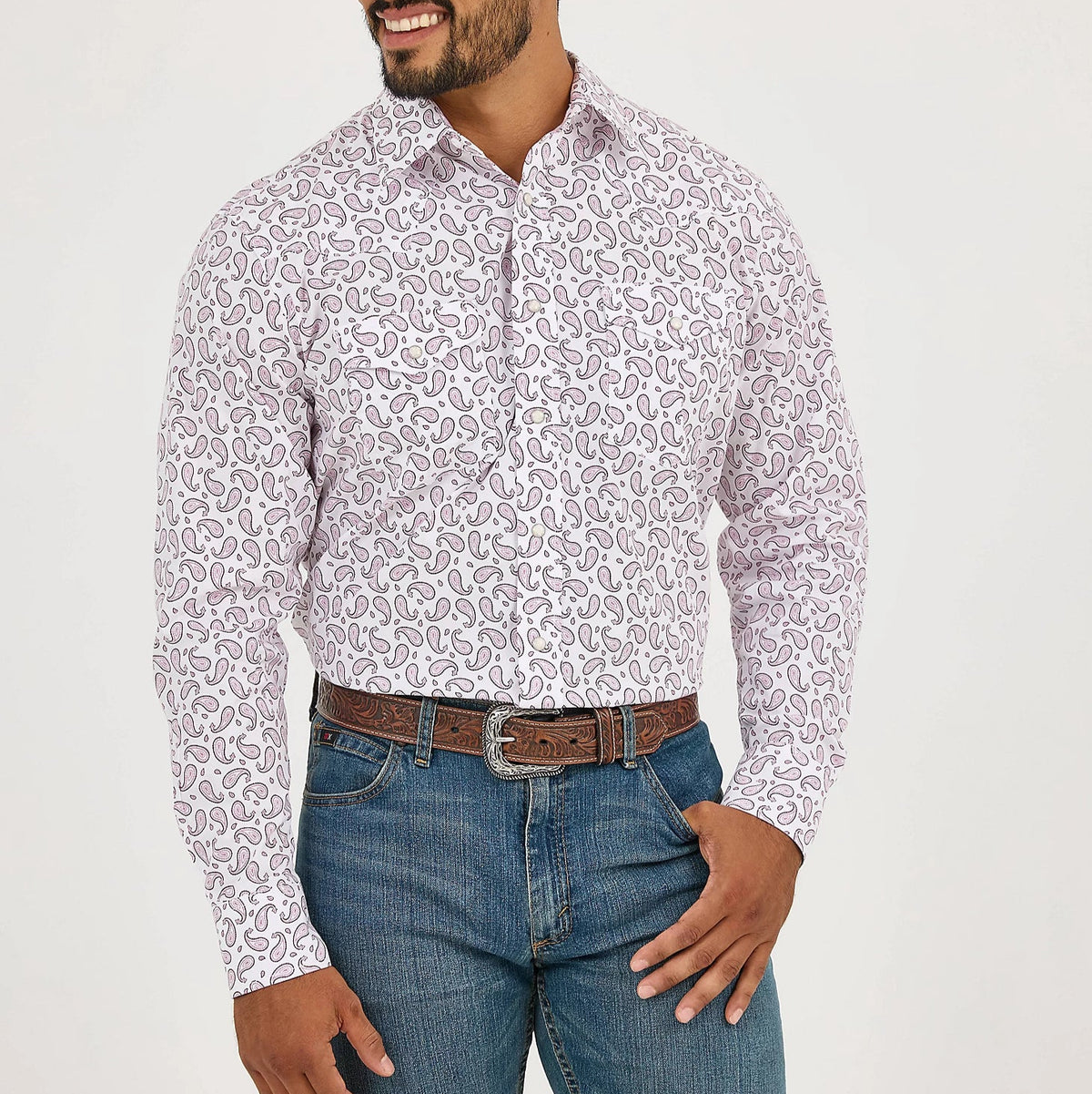 Wrangler Men's L/S 20X Competition Western Snap Shirt in Pink Sangria Paisley (Available in Tall Sizes)