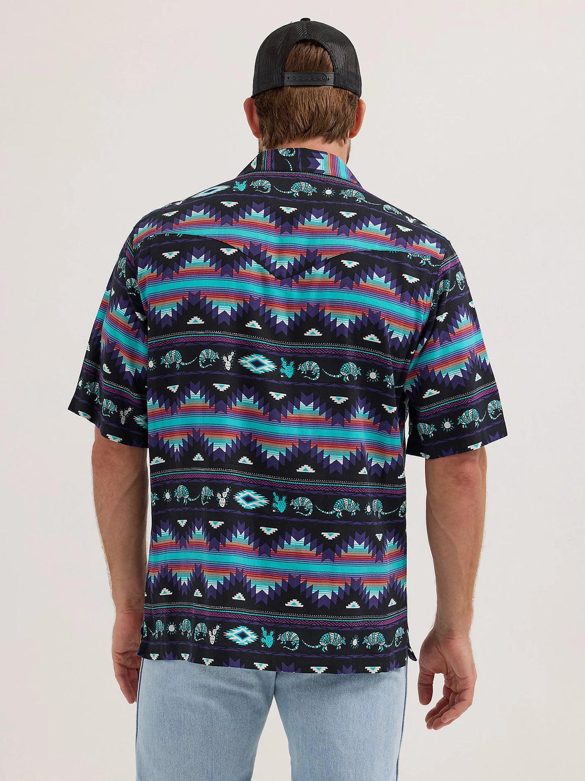 Wrangler Men's S/S Coconut Cowboy Snap Front Camp Shirt in Black Armadillo