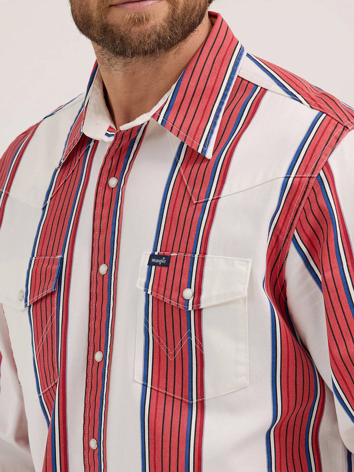 Wrangler Men's L/S Vintage Inspired Brushpopper Western Snap Work Shirt in Cherry Stripe