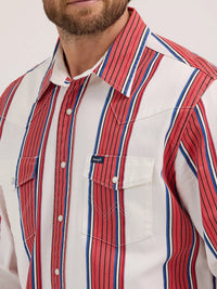 Wrangler Men's L/S Vintage Inspired Brushpopper Western Snap Work Shirt in Cherry Stripe