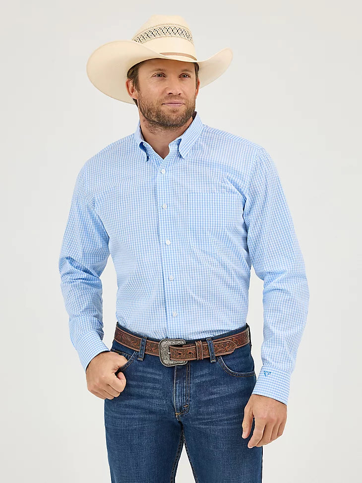 Wrangler Men's L/S Cody Johnson Button Down Shirt in Powder Check (Available in Tall Sizes)