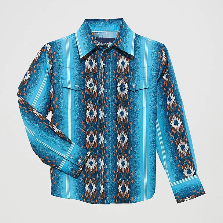 Wrangler Boy's L/S Checotah Western Snap Shirt in Sea Salt Blue