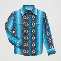 Wrangler Boy's L/S Checotah Western Snap Shirt in Sea Salt Blue