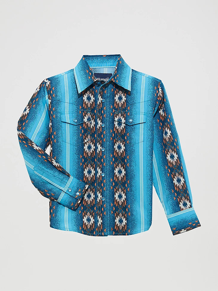 Wrangler Boy's L/S Checotah Western Snap Shirt in Sea Salt Blue
