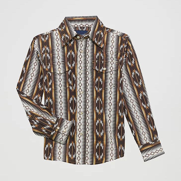 Wrangler Boy's L/S Checotah Western Snap Shirt in Brown Chain