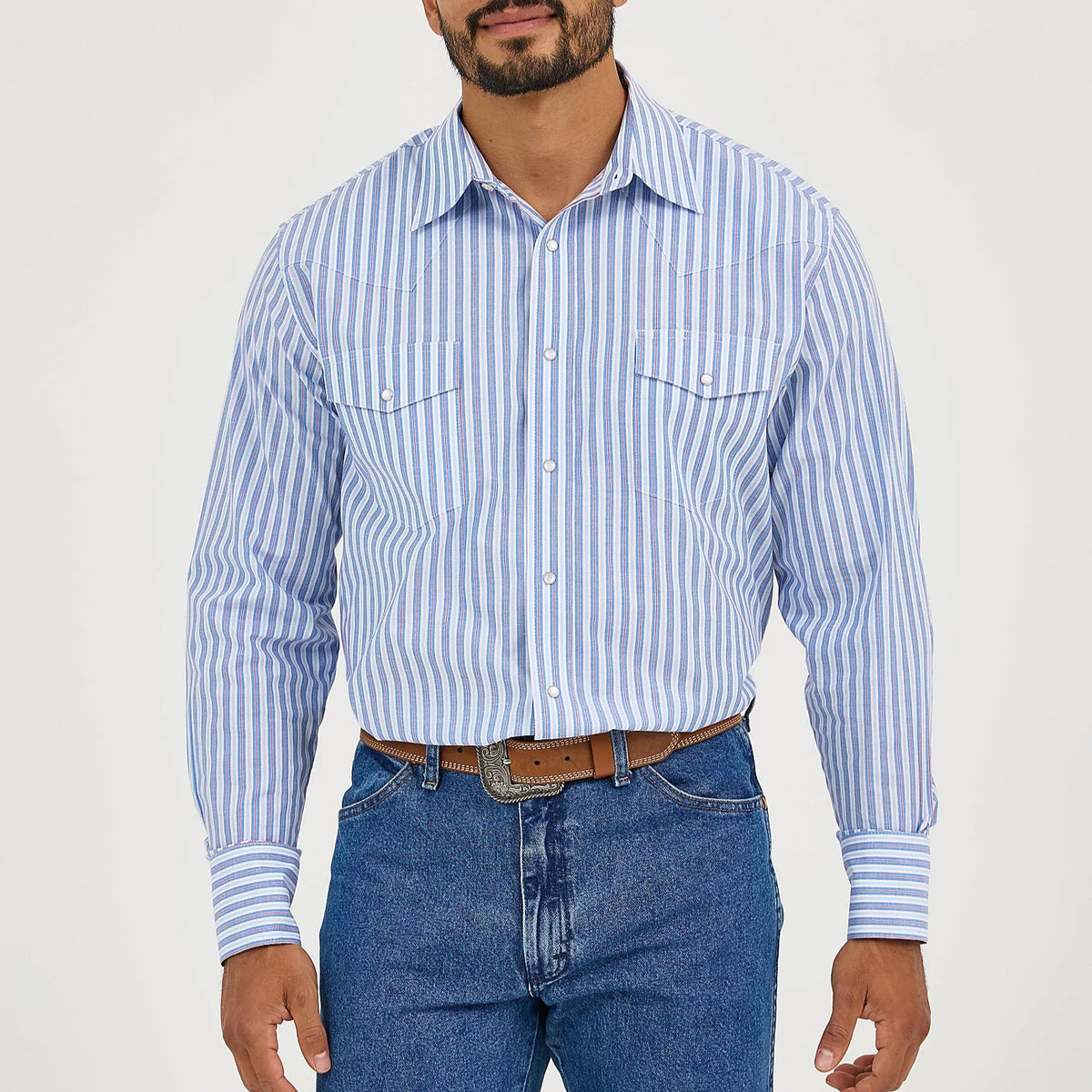 Wrangler Men's L/S Wrinkle Resist Striped Western Snap Shirt in Bold Blues (Available in Big & Tall Sizes)