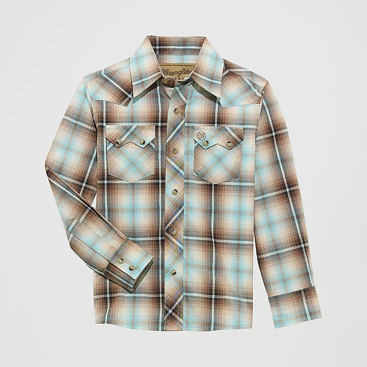 Wrangler Boy's Retro L/S Western Snap Shirt in Tannin Plaid