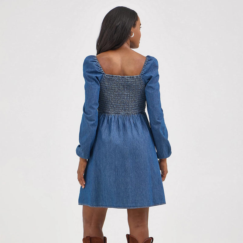 Wrangler Retro Women's Smocked Bodice A-Line Dress in Dark Denim