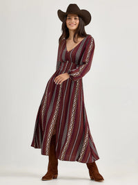 Wrangler Retro Women's L/S Princess Waist Button Front Maxi Dress in Port