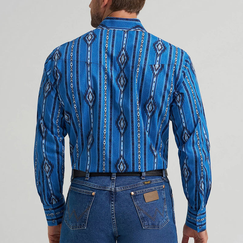 Wrangler Men's Checotah L/S Western Snap Shirt in Blue Darkly