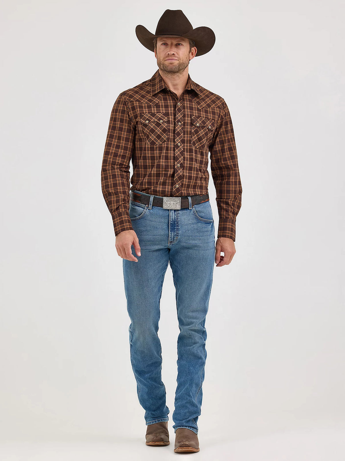 Wrangler Retro Men's L/S Sawtooth Pocket Plaid Western Snap Shirt in Mocha Brown