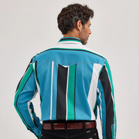 Wrangler Men's L/S Vintage Inspired Brushpopper Western Snap Work Shirt in Azure Stripe