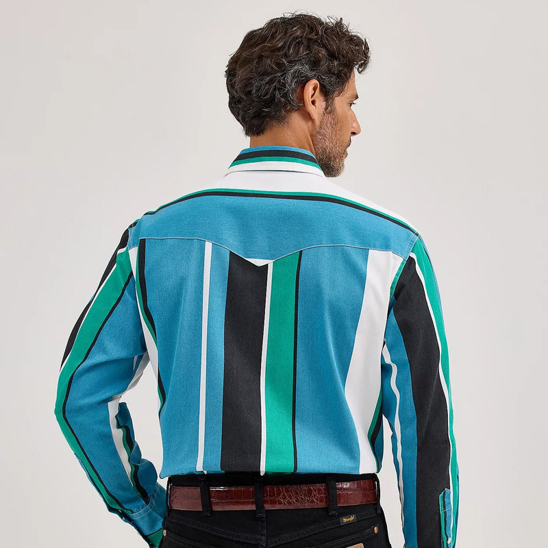 Wrangler Men's L/S Vintage Inspired Brushpopper Western Snap Work Shirt in Azure Stripe