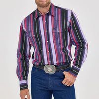 Wrangler Men's L/S Vintage Inspired Brushpopper Western Snap Work Shirt in Violet Stripe