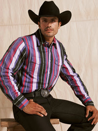 Wrangler Men's L/S Vintage Inspired Brushpopper Western Snap Work Shirt in Violet Stripe