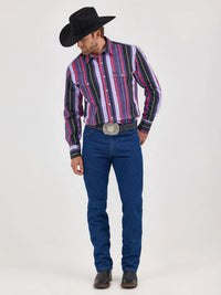Wrangler Men's L/S Vintage Inspired Brushpopper Western Snap Work Shirt in Violet Stripe