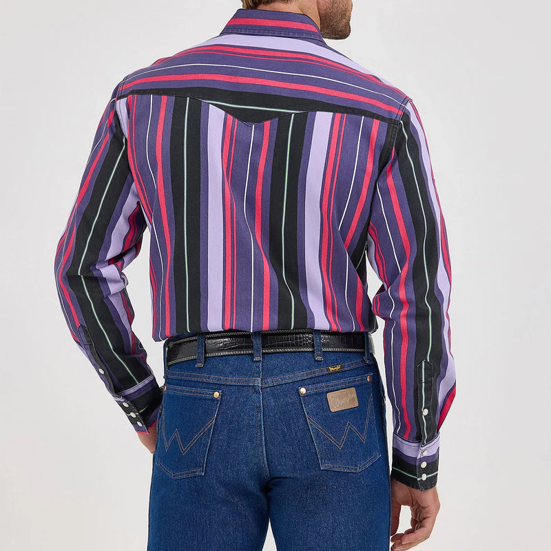Wrangler Men's L/S Vintage Inspired Brushpopper Western Snap Work Shirt in Violet Stripe