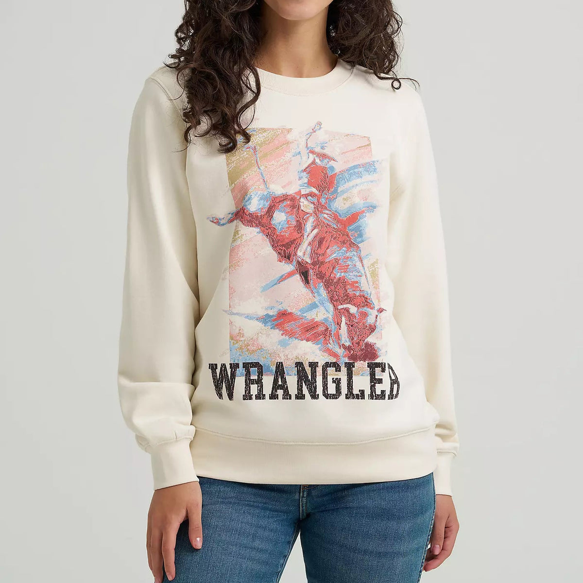 Wrangler Women's Bull Rider Crew Sweatshirt in Painterly White
