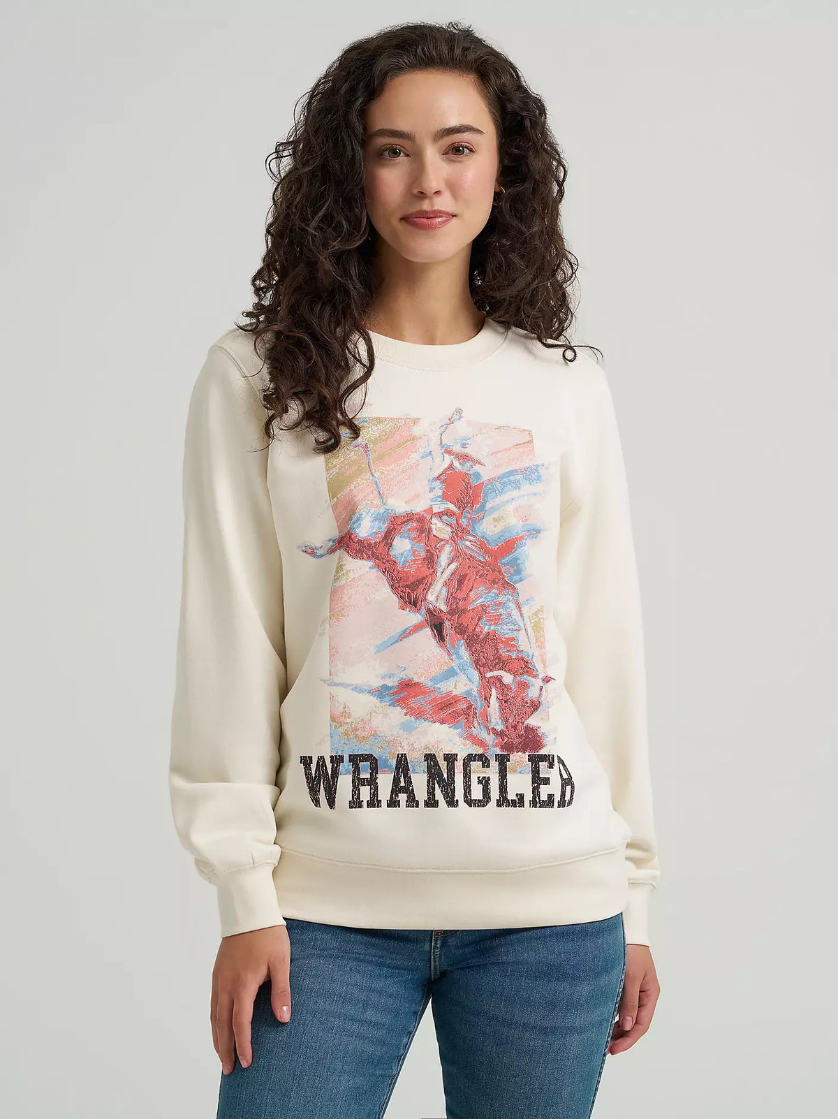 Wrangler Women's Bull Rider Crew Sweatshirt in Painterly White