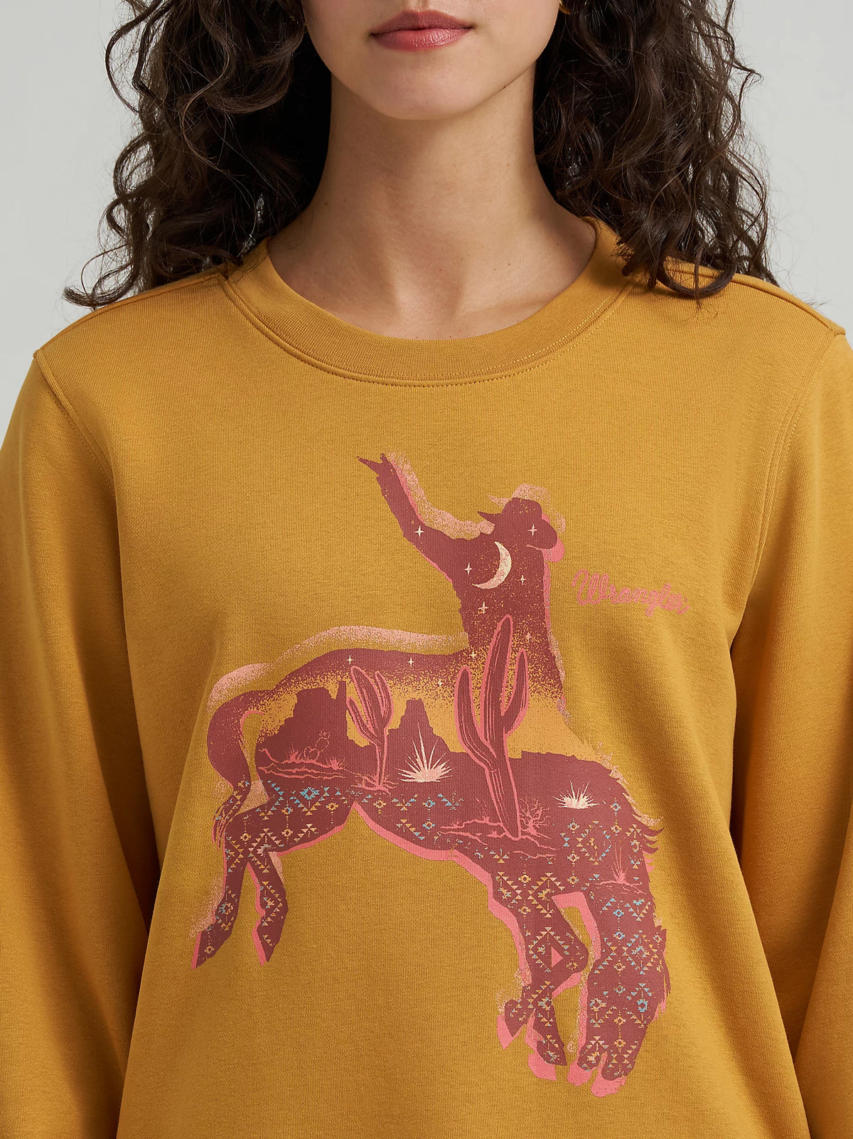 Wrangler Women's Desert Bucking Bronco Crew Sweatshirt in Spruce Yellow