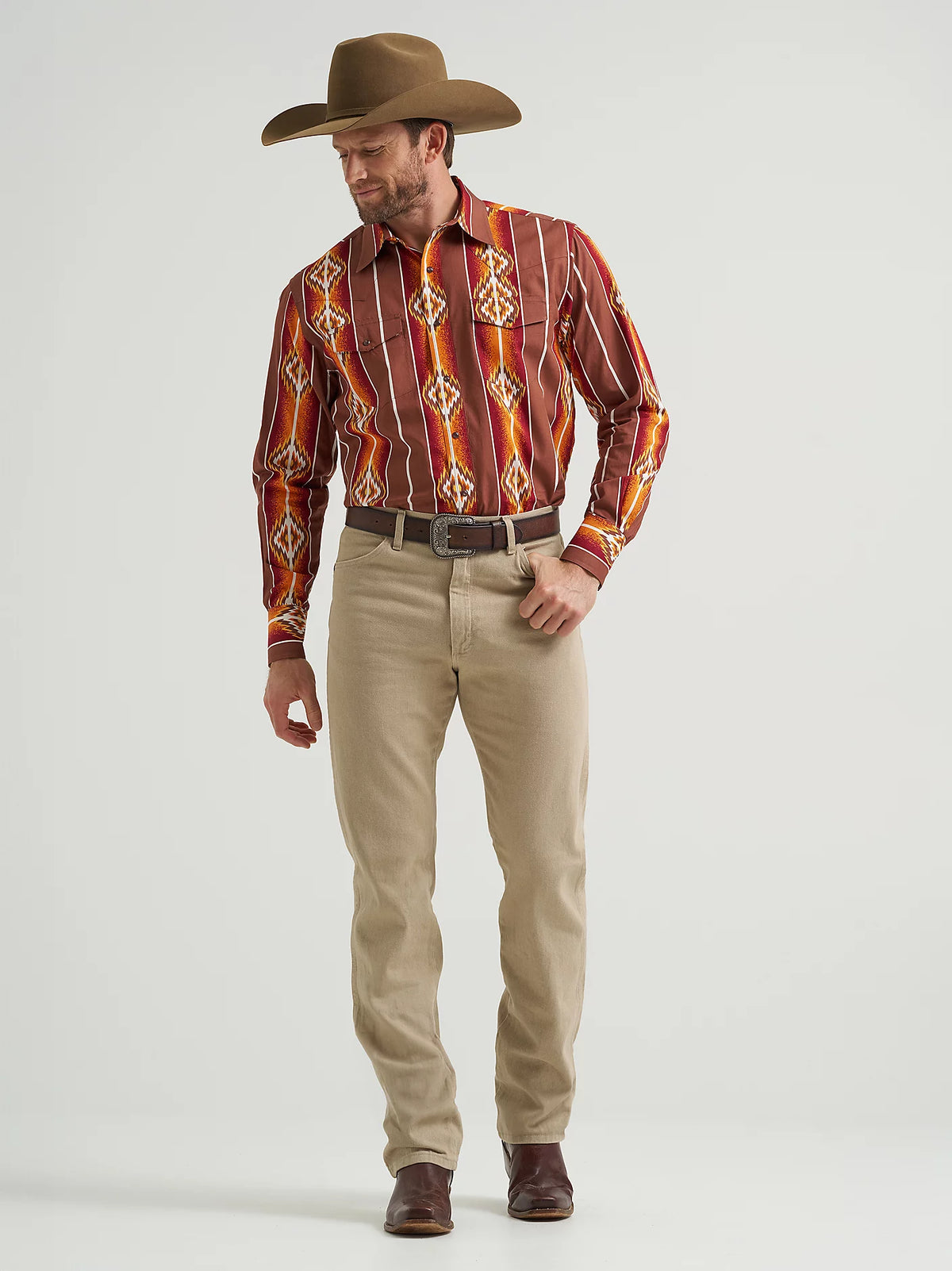 Wrangler Men's Checotah L/S Western Snap Shirt in Sunset Orange