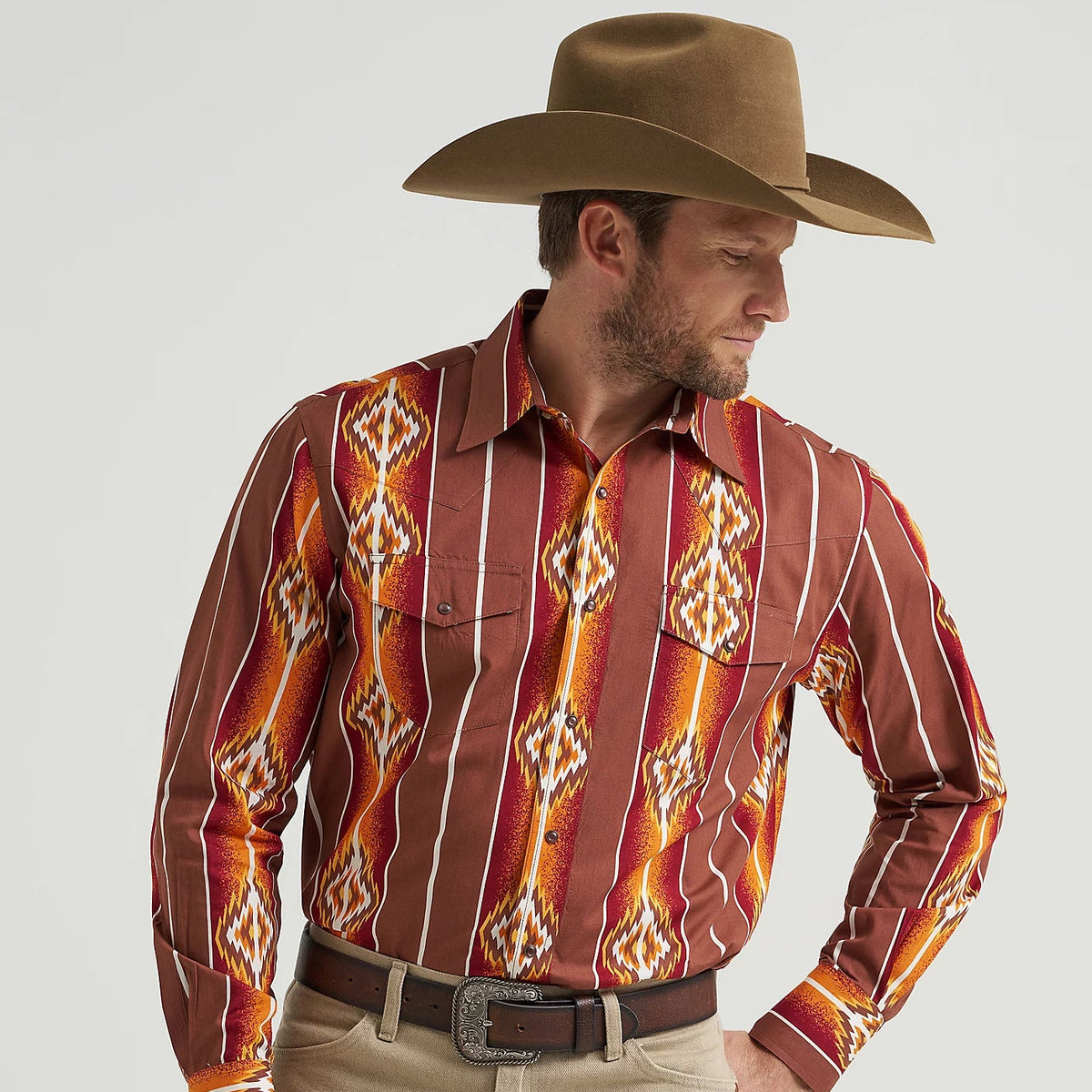 Wrangler Men's Checotah L/S Western Snap Shirt in Sunset Orange