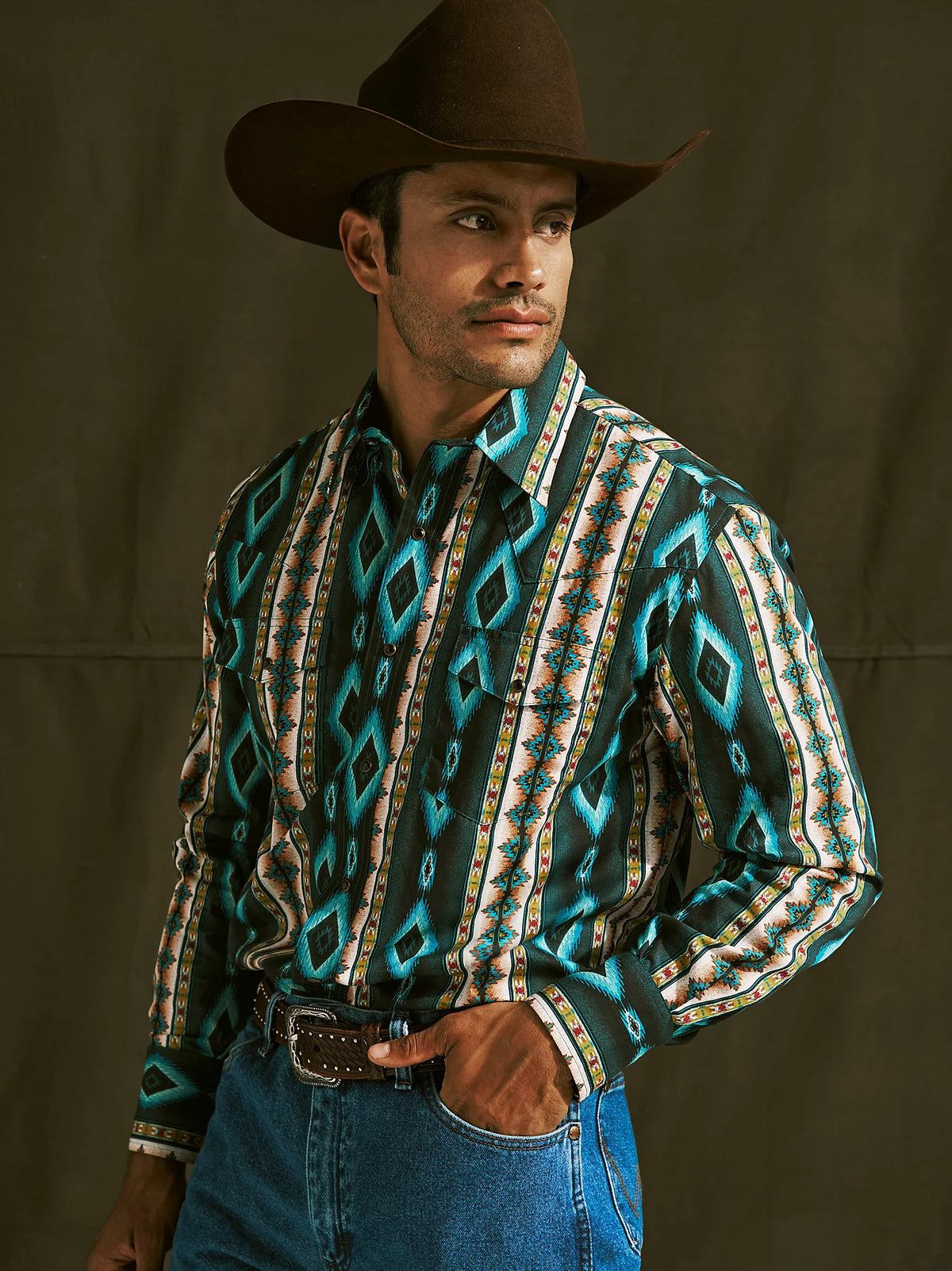 Wrangler Men's Checotah L/S Western Snap Shirt in Turquoise Belt (Available in Regular & Tall Sizes)