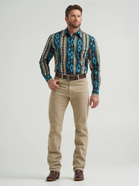 Wrangler Men's Checotah L/S Western Snap Shirt in Turquoise Belt (Available in Regular & Tall Sizes)