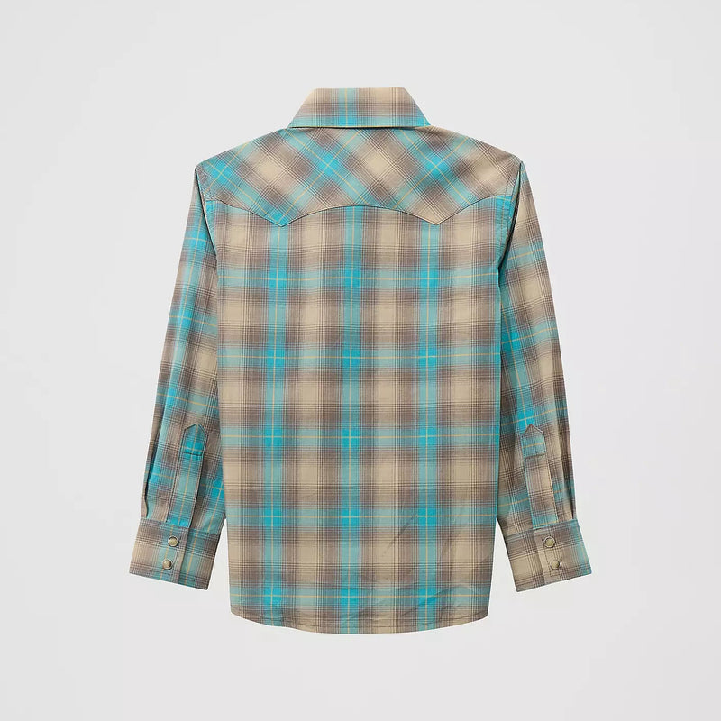 Wrangler Boy's Retro L/S Sawtooth Pocket Plaid Western Snap Shirt in Tan and Aqua
