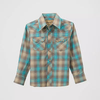 Wrangler Boy's Retro L/S Sawtooth Pocket Plaid Western Snap Shirt in Tan and Aqua