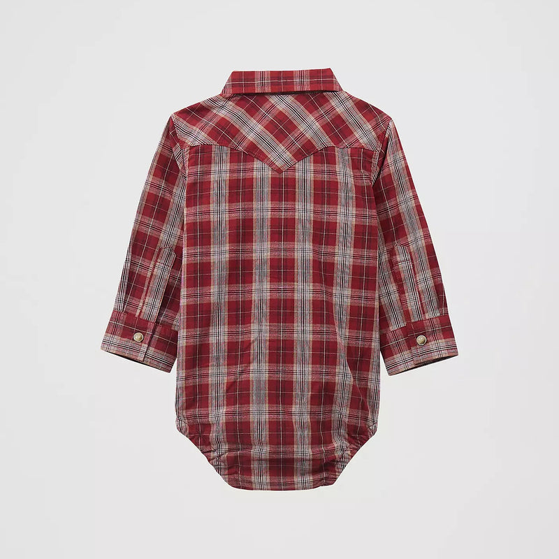 Wrangler Baby Boy's L/S Western Snap Shirt Body Suit in Burgundy Plaid