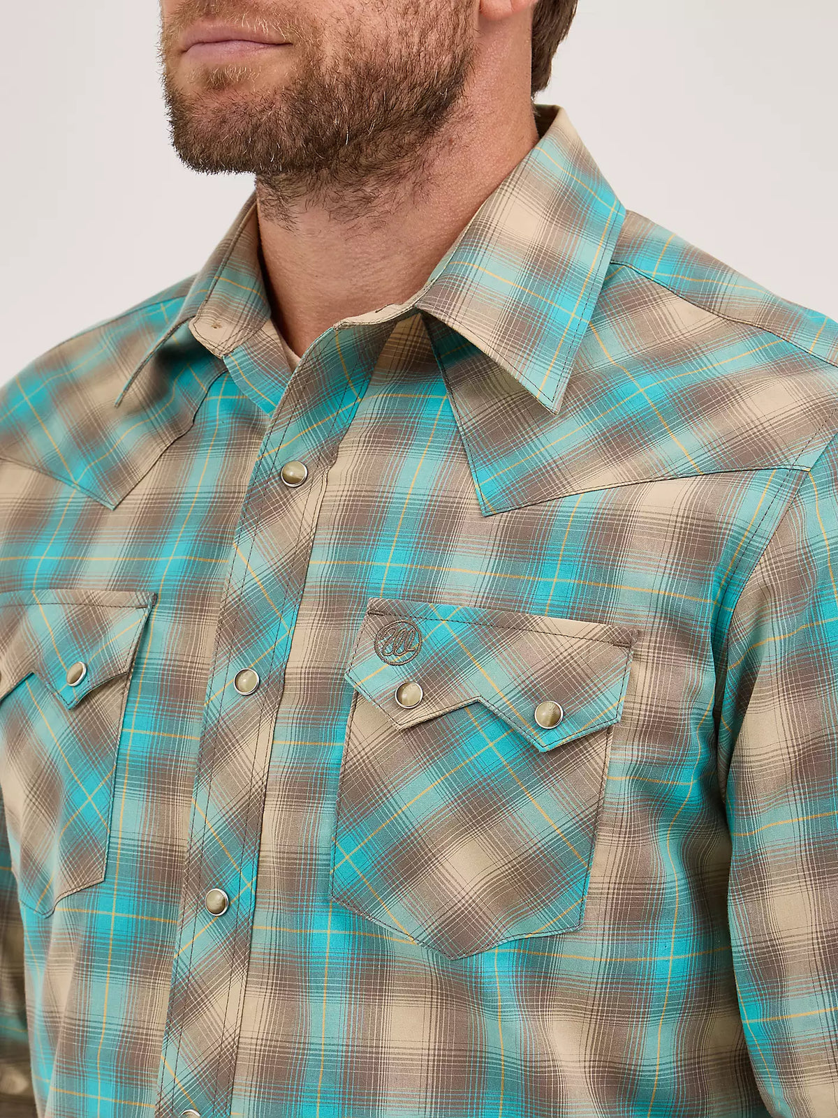 Wrangler Retro Men's L/S Sawtooth Pocket Plaid Western Snap Shirt in Tan and Aqua (Available in Tall Sizes)