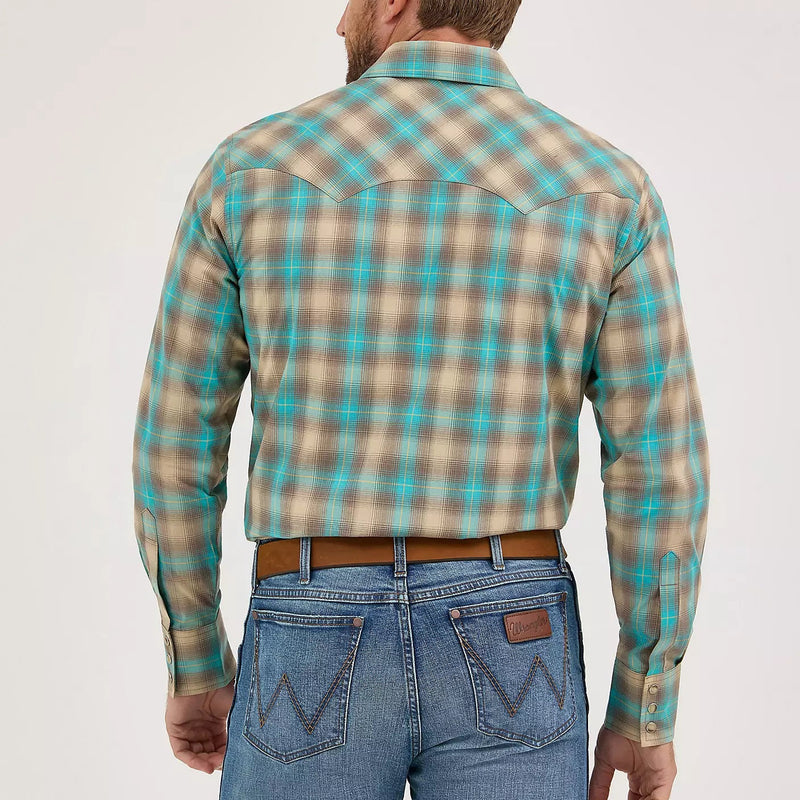Wrangler Retro Men's L/S Sawtooth Pocket Plaid Western Snap Shirt in Tan and Aqua (Available in Tall Sizes)