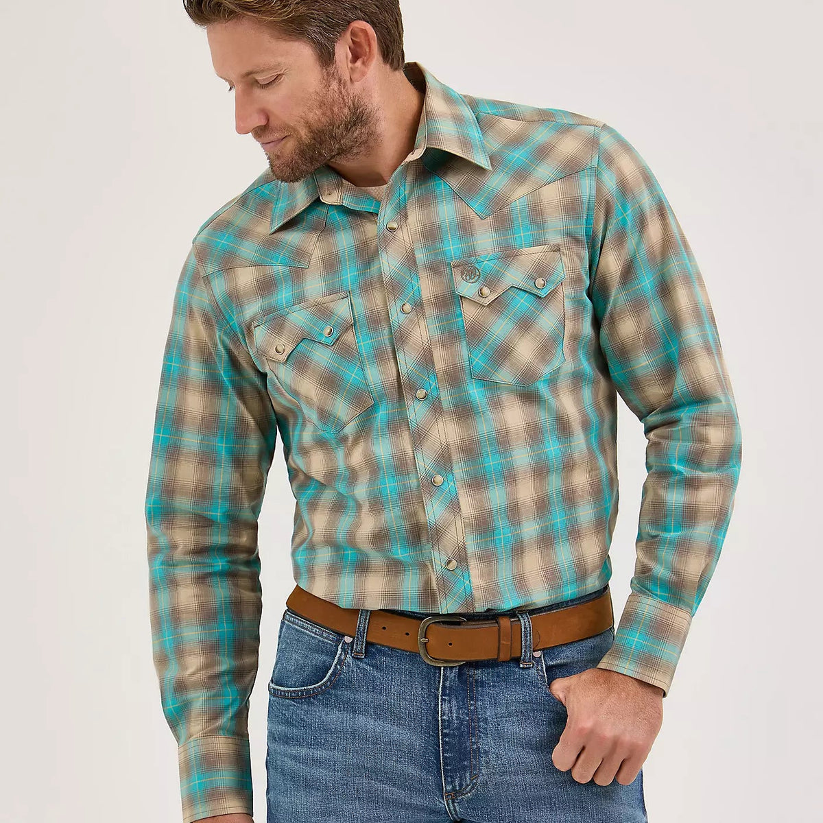 Wrangler Retro Men's L/S Sawtooth Pocket Plaid Western Snap Shirt in Tan and Aqua (Available in Tall Sizes)