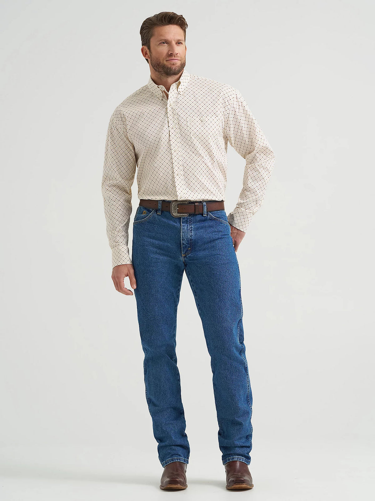 Wrangler Men's L/S George Strait Button Down Shirt in Brown Stone (Available in Tall & Plus Sizes)