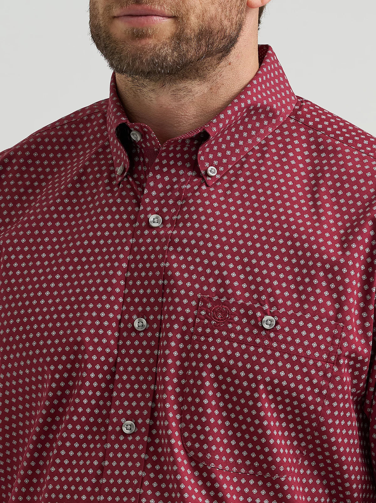 Wrangler Men's L/S George Strait Button Down Shirt in Burgundy Dot (Available in Plus Sizes)
