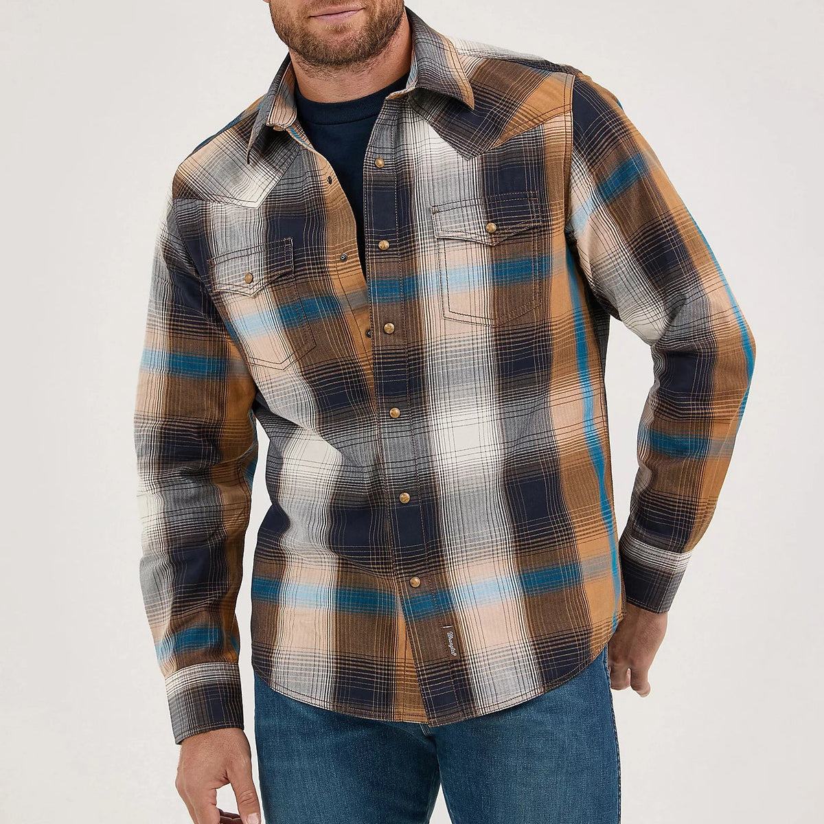 Wrangler Retro Premium Men's L/S Western Plaid Snap Shirt in Bold Brown