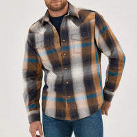 Wrangler Retro Premium Men's L/S Western Plaid Snap Shirt in Bold Brown