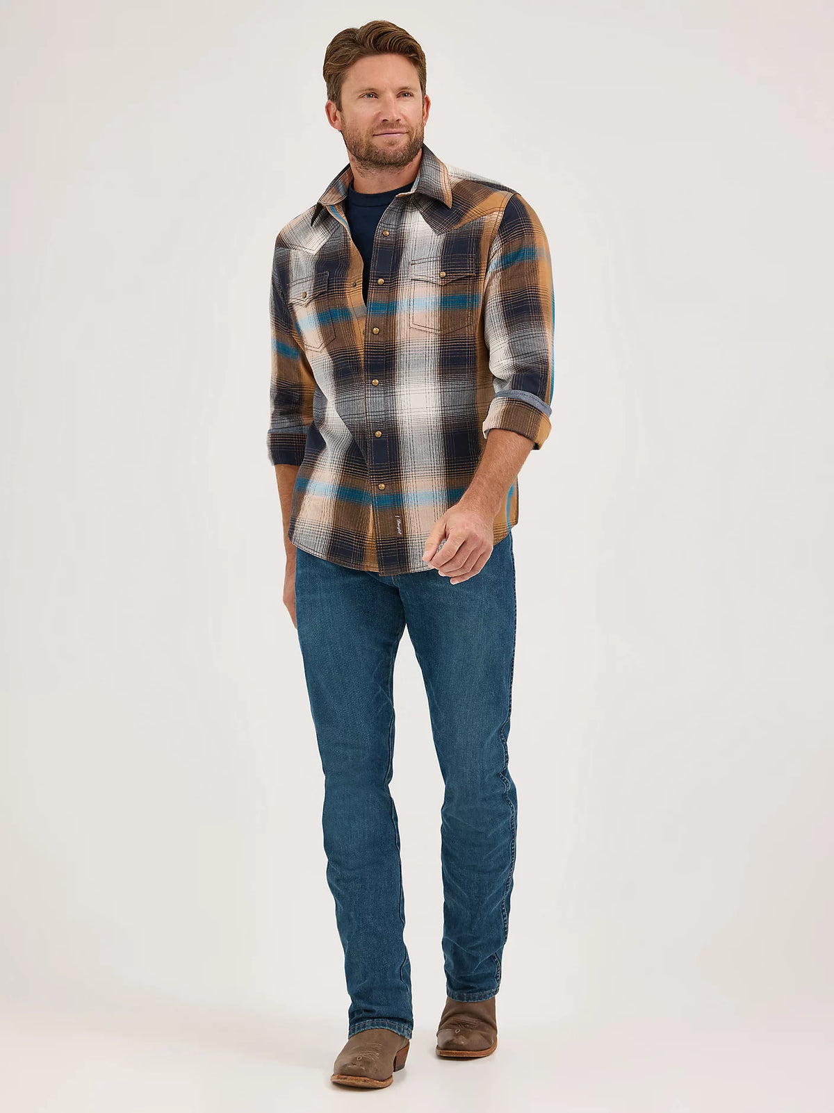 Wrangler Retro Premium Men's L/S Western Plaid Snap Shirt in Bold Brown