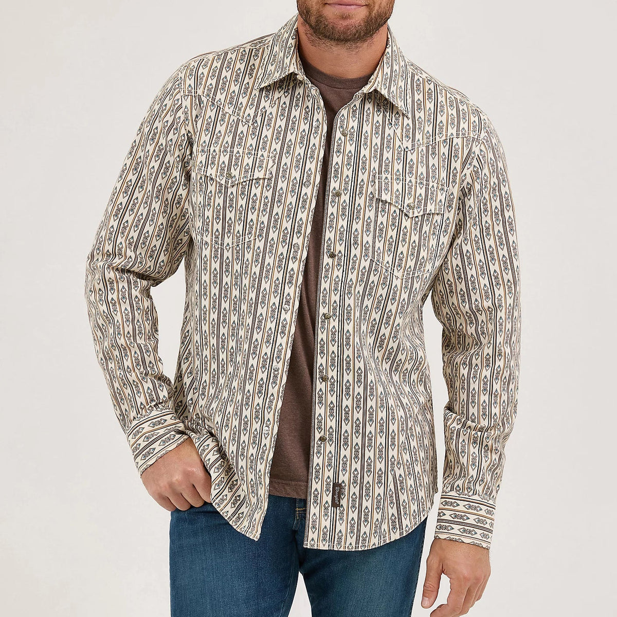 Wrangler Retro Premium Men's L/S Western Snap Shirt in Ecru Stripe
