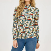 Wrangler Retro Women's L/S Western Print Mock Neck Shirt in Blue