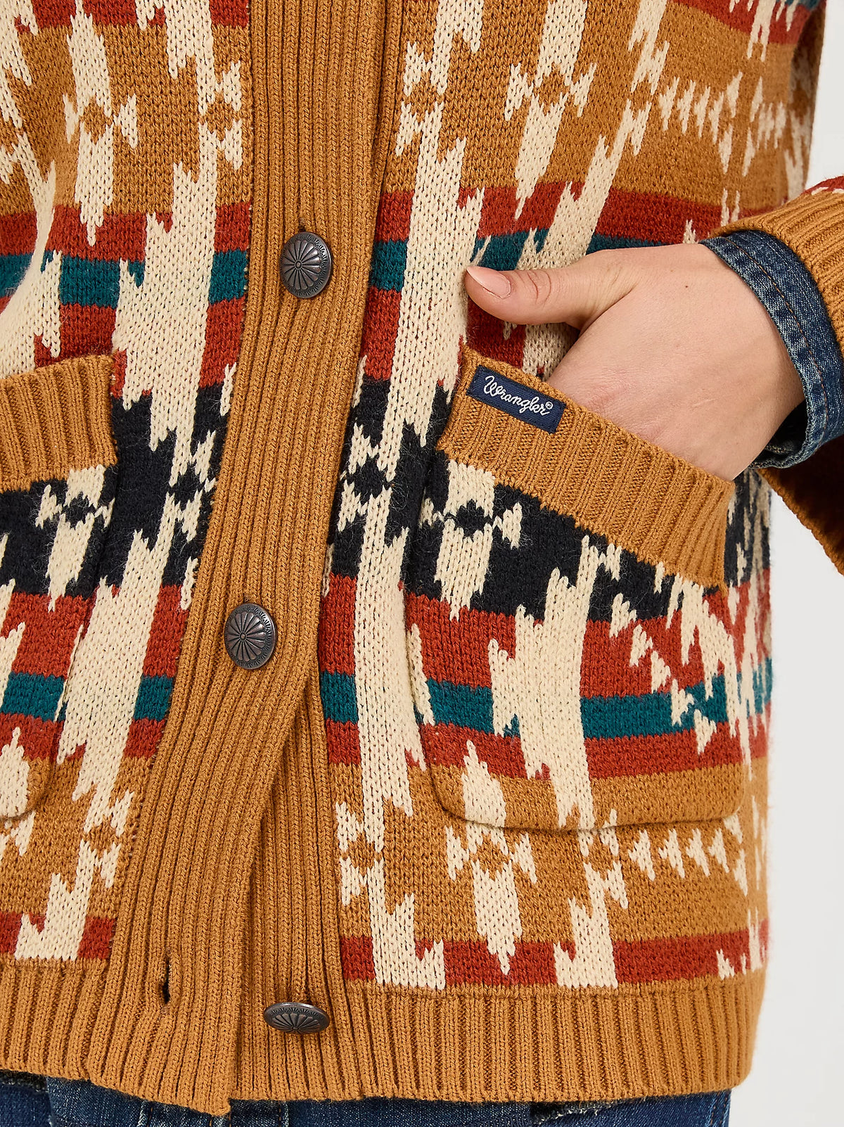 Wrangler Retro Women's Western Pattern Cardigan Sweater in Mustard