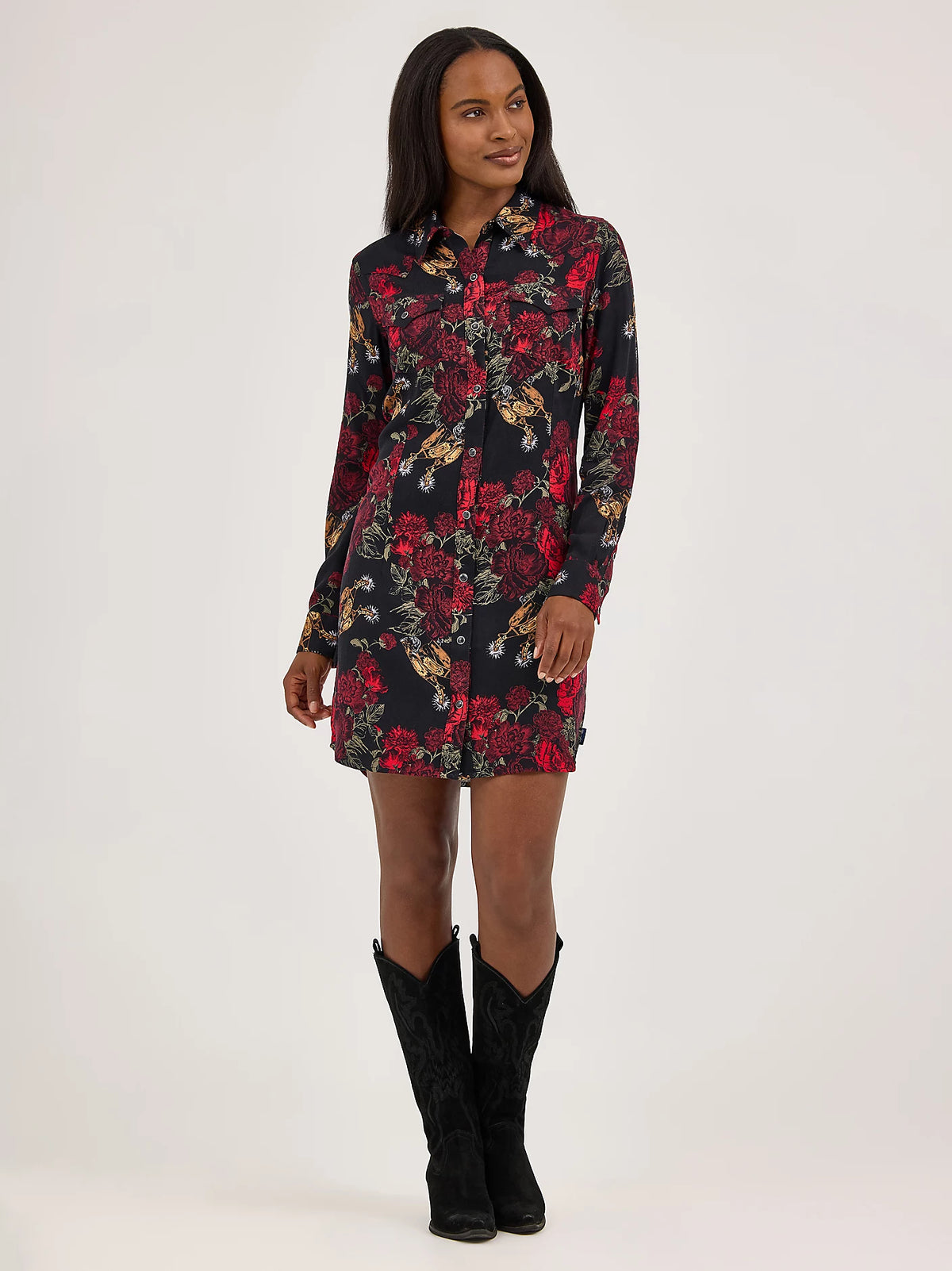 Wrangler Retro Women's L/S Floral Western Snap Mini Dress in Black