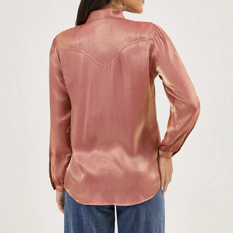 Wrangler Retro Women's L/S Shimmer Tie Neck Blouse in Rose Gold