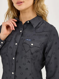 Wrangler Retro Women's L/S All Occasion Western Snap Shirt in Subtle Black Horses