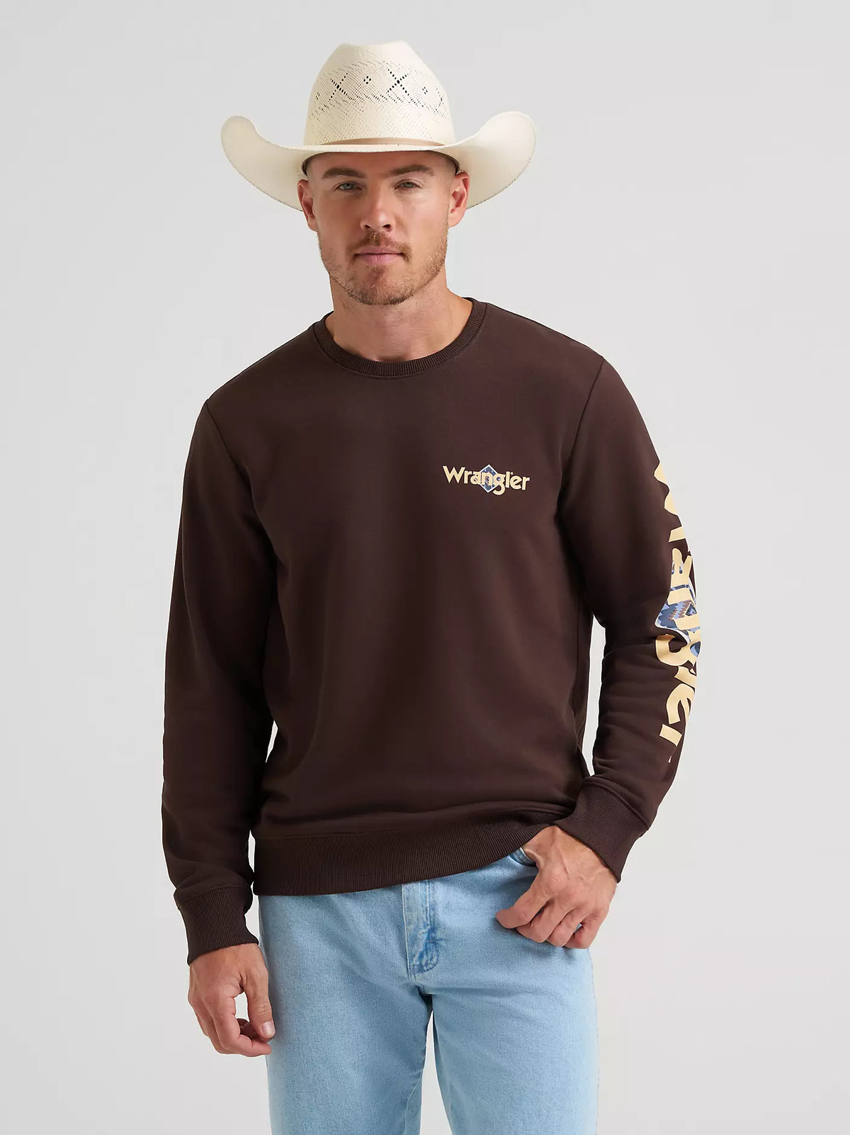 Wrangler Men's L/S Skull Steer Graphic Crew Sweatshirt in Mole Brown