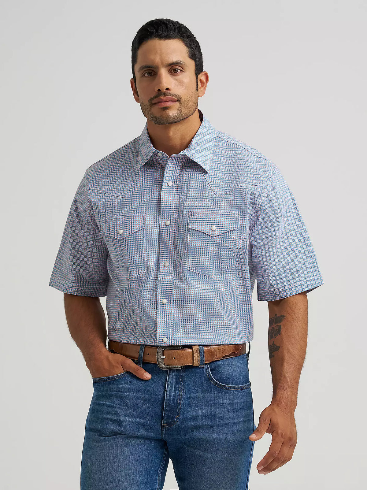 Wrangler Men's 20X Competition S/S Advanced Comfort Western Snap Shirt in Blue Stops