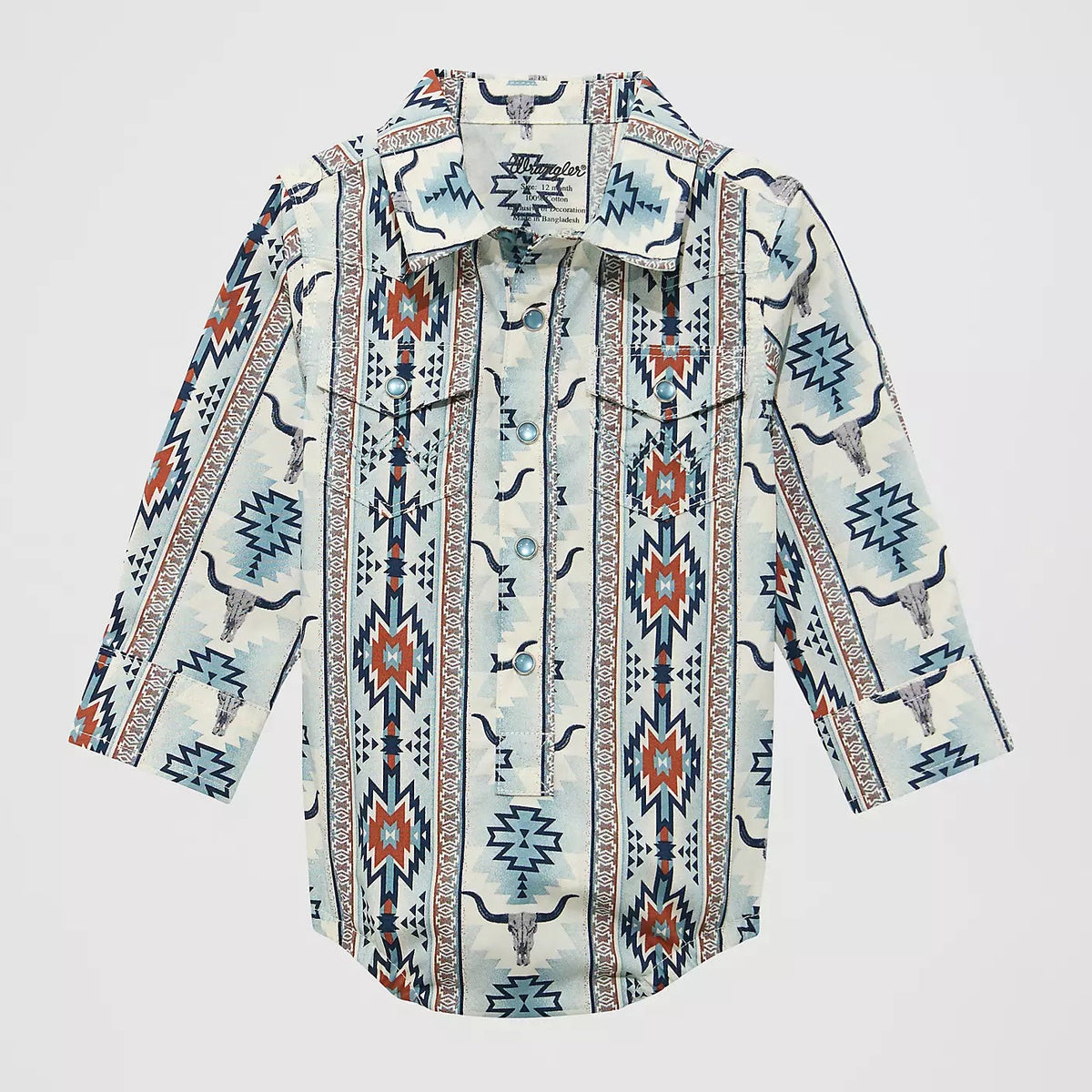 Wrangler Baby Boy's L/S Checotah Western Snap Shirt Body Suit in Grey Steerhead