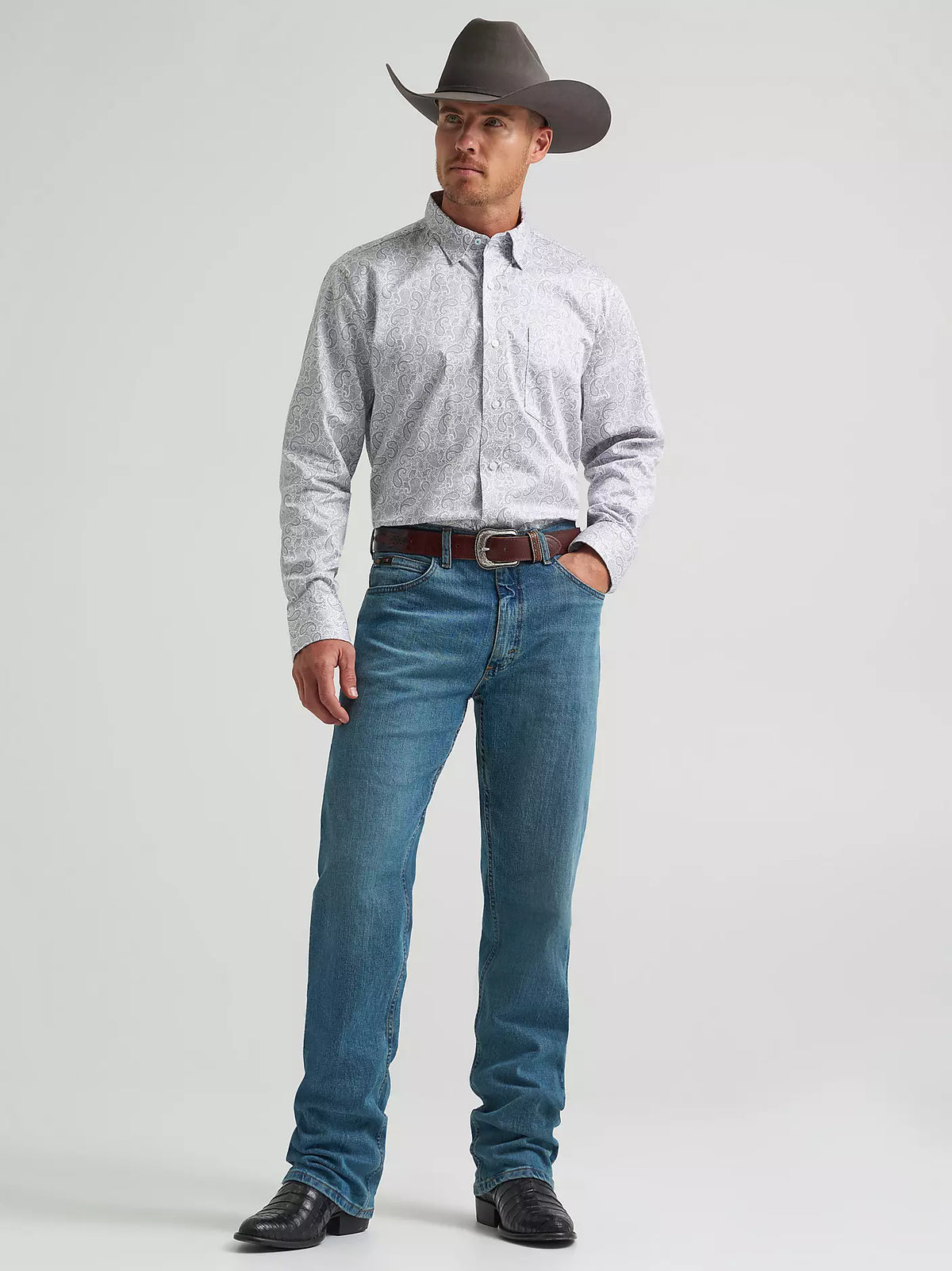 Wrangler Men's L/S Cody Johnson One Pocket Button Down Shirt in Charcoal Paisley (Available in Tall Sizes)