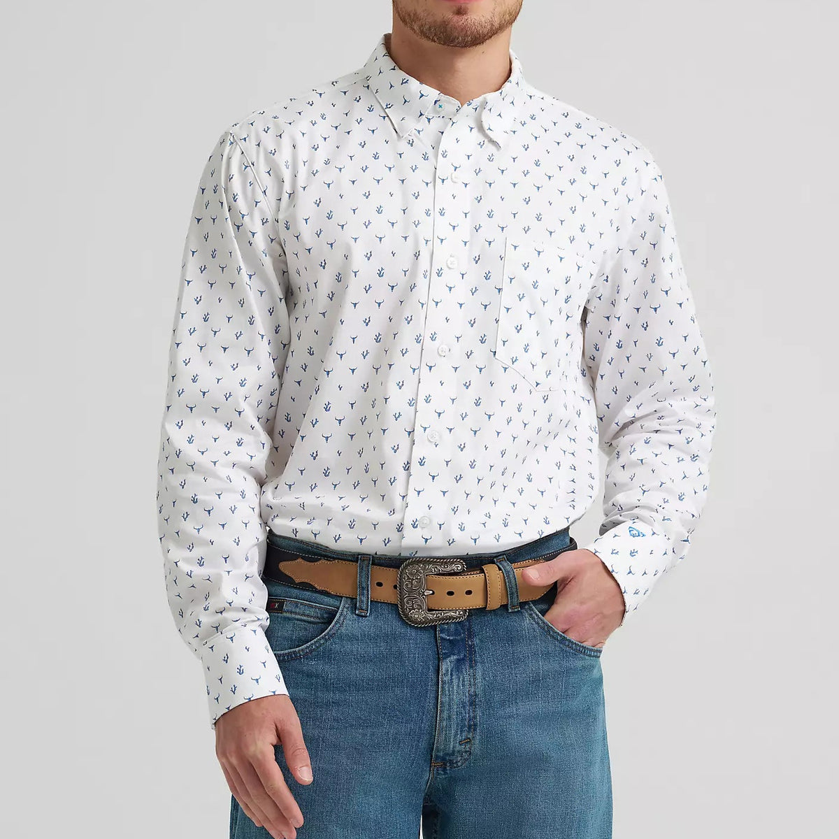 Wrangler Men's L/S Cody Johnson One Pocket Button Down Shirt in Blue Steerhead